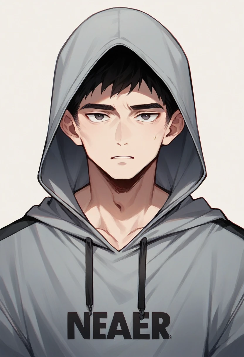 A 16-year-old boy in a gray sweatshirt and dark circles, The hood of the sweatshirt covers part of his face