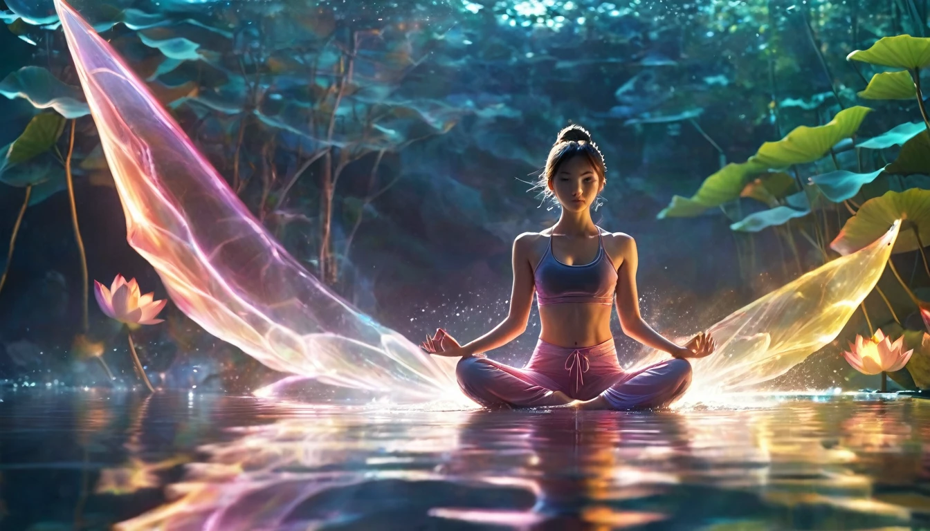 1 Girl，beautiful，Shiny，Motion Blur，triangle，Level lighting effects，lotus pose,  On the water, reflection