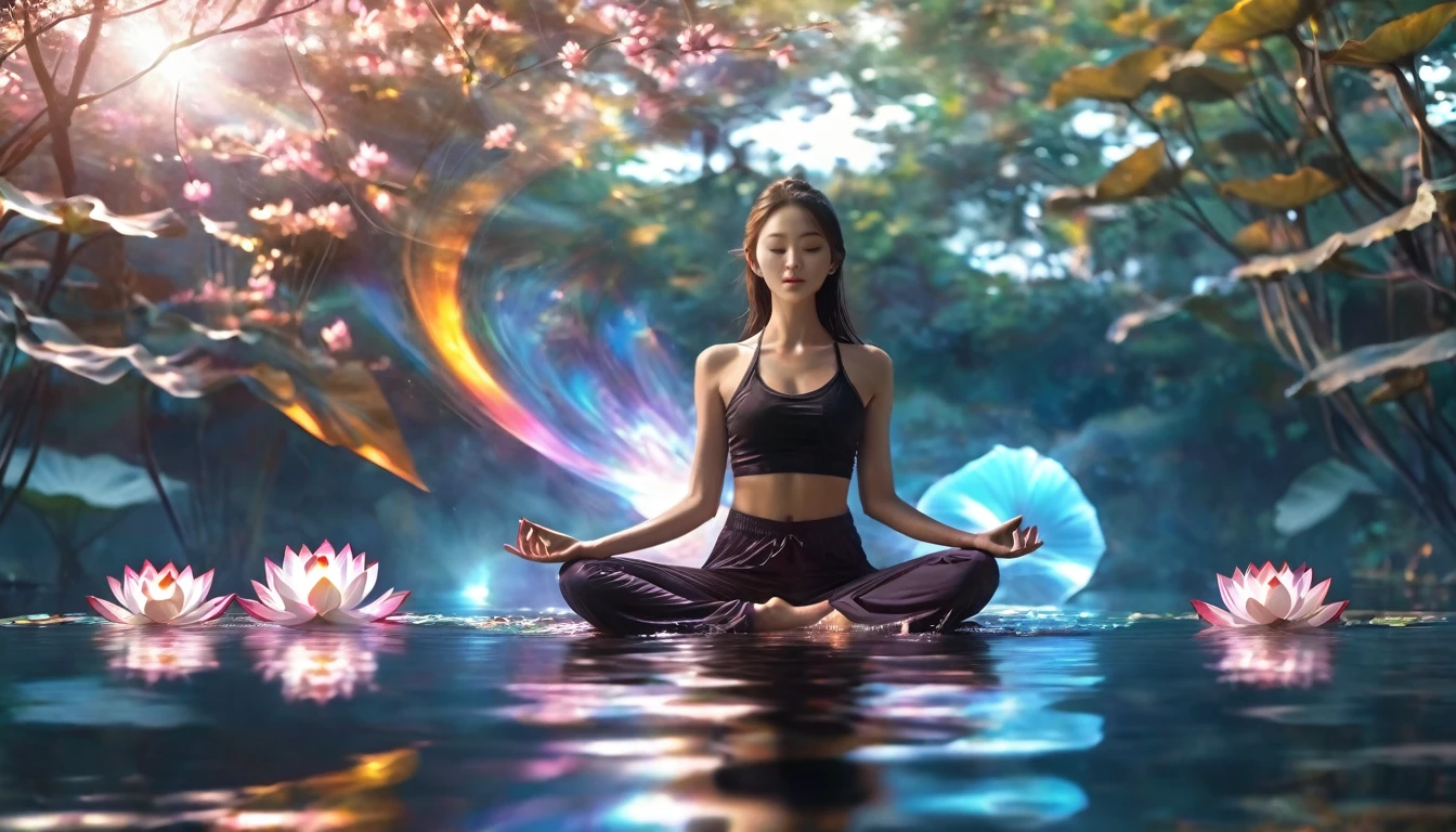 1 Girl,beautiful,Shiny,Motion Blur,triangle,Level lighting effects,lotus pose, On the water, reflection