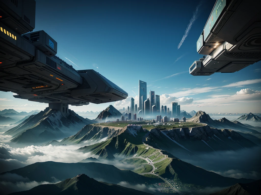 futuristic city, fantasy, 23rd century, mountains