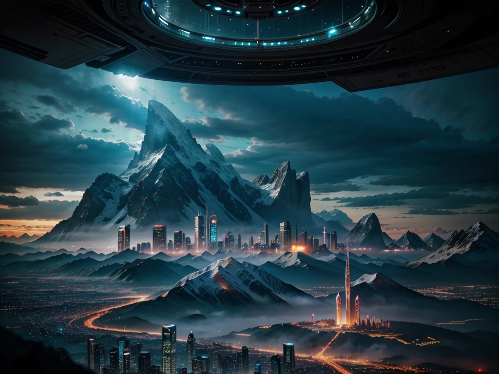 futuristic city, fantasy, 23rd century, mountains