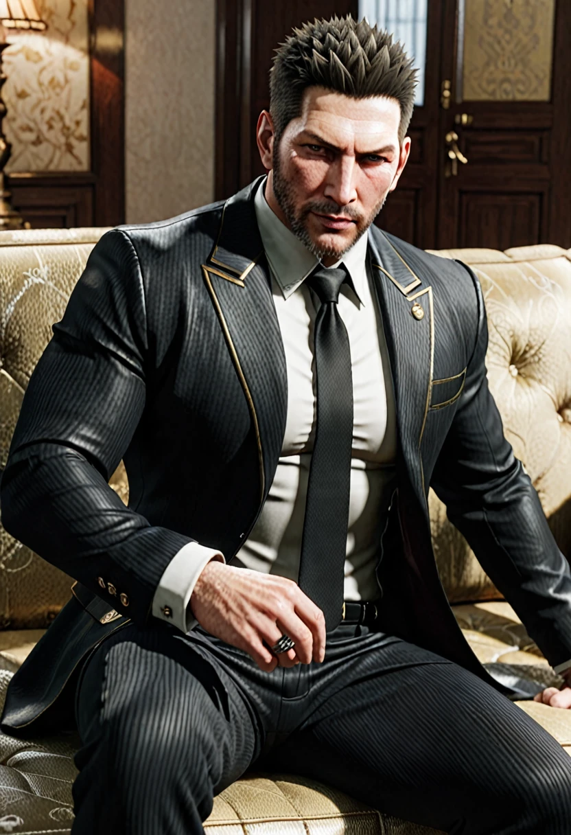 45-year-old middle-aged Chris Redfield from Resident Evil 8,Man,grampa,Height 195,chineseidol,sitting in the couch,God perspective,The eyes are about to face each other,musculature,Lift one foot,Wearing a black and white striped suit,black greatcoat,No shoes,Cord,Chains,Ferocious and ferocious,The background is outdoors,Hold your hands on your knees, black suit socks