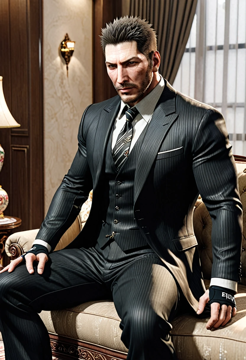 45-year-old middle-aged Chris Redfield from Resident Evil 8,Man,grampa,Height 195,chineseidol,sitting in the couch,God perspective,The eyes are about to face each other,musculature,Lift one foot,Wearing a black and white striped suit,black greatcoat,No shoes,Cord,Chains,Ferocious and ferocious,The background is outdoors,Hold your hands on your knees, black suit socks