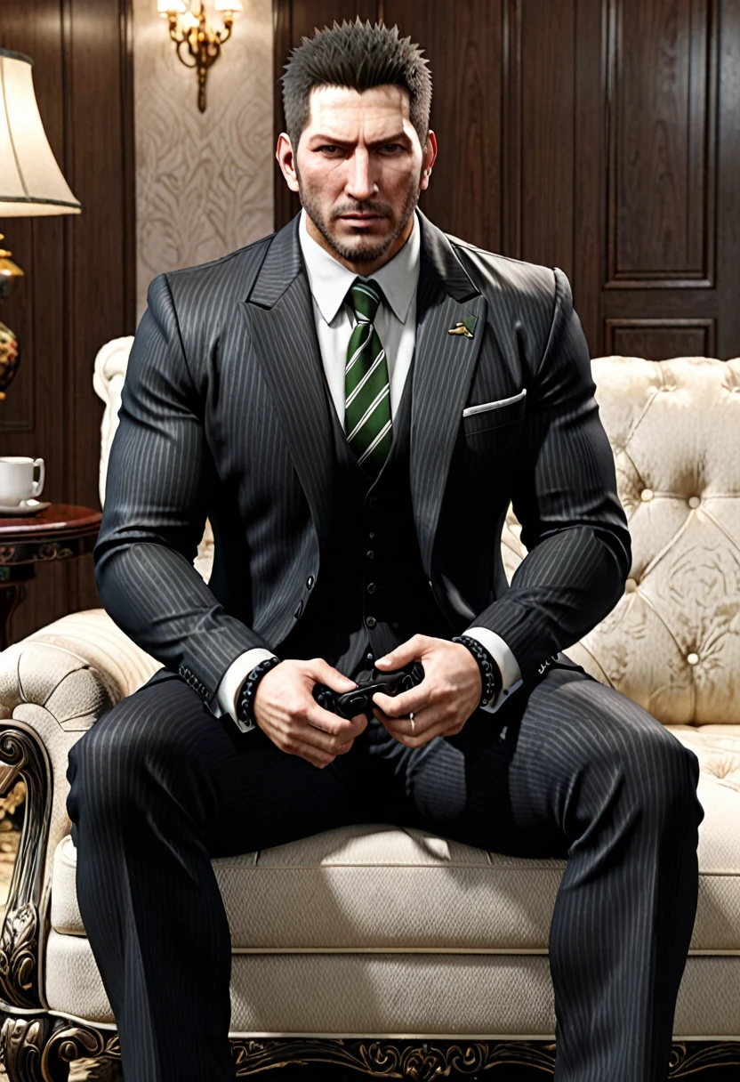 45-year-old middle-aged Chris Redfield from Resident Evil 8，Man，grampa，Height 195，chineseidol，sitting in the couch，God perspective，The eyes are about to face each other，musculature，Lift one foot，Wearing a black and white striped suit，black greatcoat，No shoes，Cord，Chains，Ferocious and ferocious，The background is outdoors，Hold your hands on your knees, black suit socks