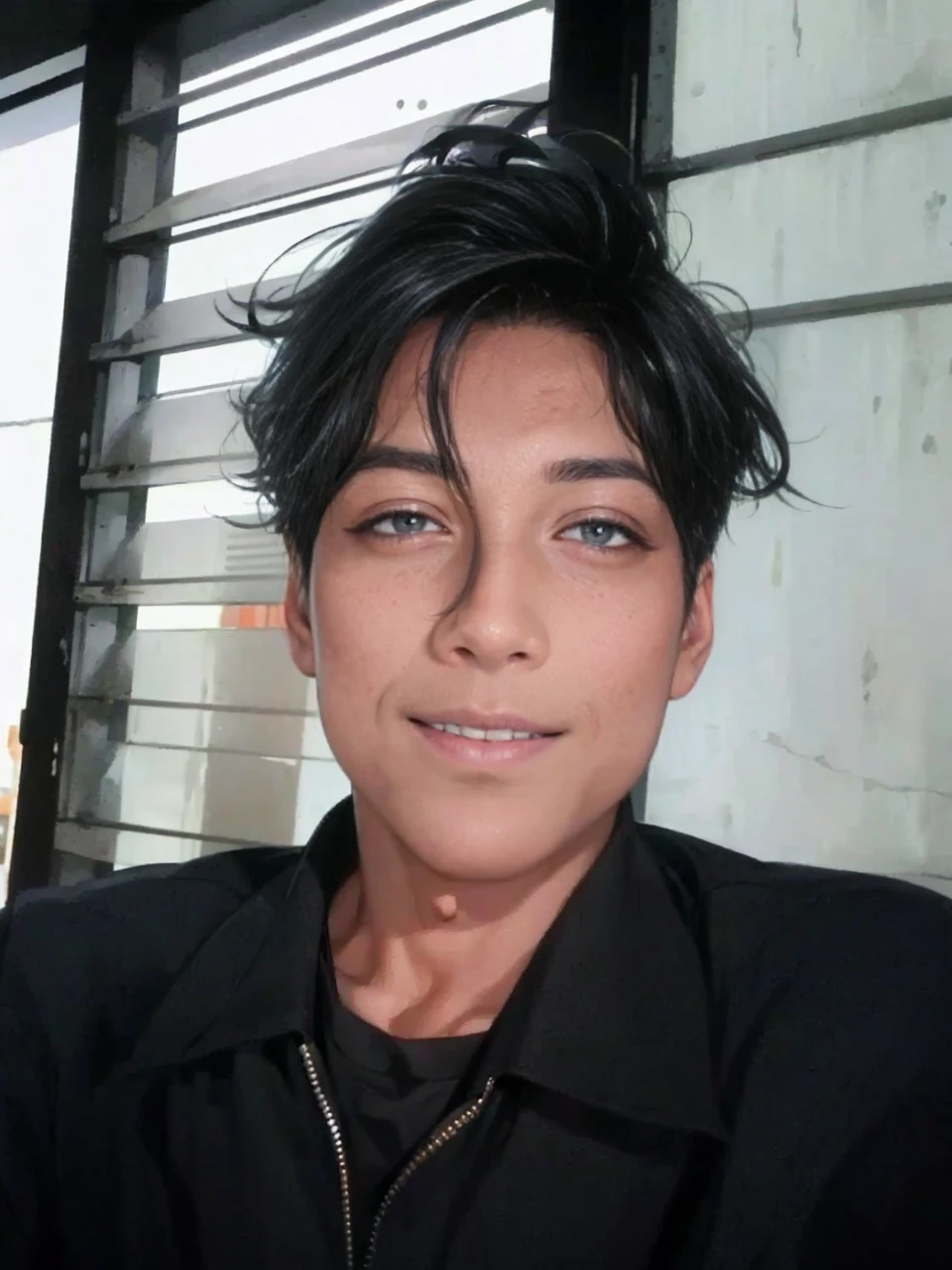 (masterpiece, best quality, highres, ultra-detailed), 1man, male focus, spiky black hair, grey eyes, handsome, detailed eyes and face, male body, earrings, ear piercing, unbuttoned black blazer, white shirt, trousers, bare collarbones, chain necklace, city slums background, by amano akira, full body, cigarette, cigarette smoke, guy smoking,1guy, masterpiece