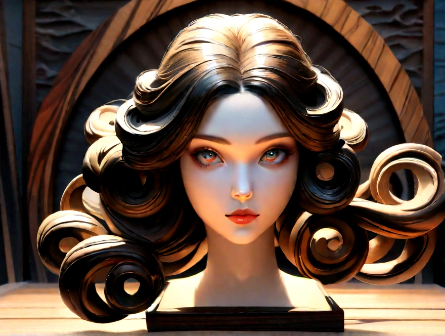 ((best quality,ultra-detailed),(realistic:1.37),wooden texture,carved details,life-like pose,captivating eyes,detailed facial features,curly hair,artistic lighting and shadows,natural environment,peaceful garden setting,vibrant colors,fine craftsmanship,professional woodwork,organic and textured,sculptural masterpiece,high contrast,dynamic composition,eye-catching artwork,expressive and lifelike wood figure,impressive attention to detail,harmonious blending of colors,exquisite artistry,immaculate finish,impressive depth and dimension,fine art sculpture,visually stunning