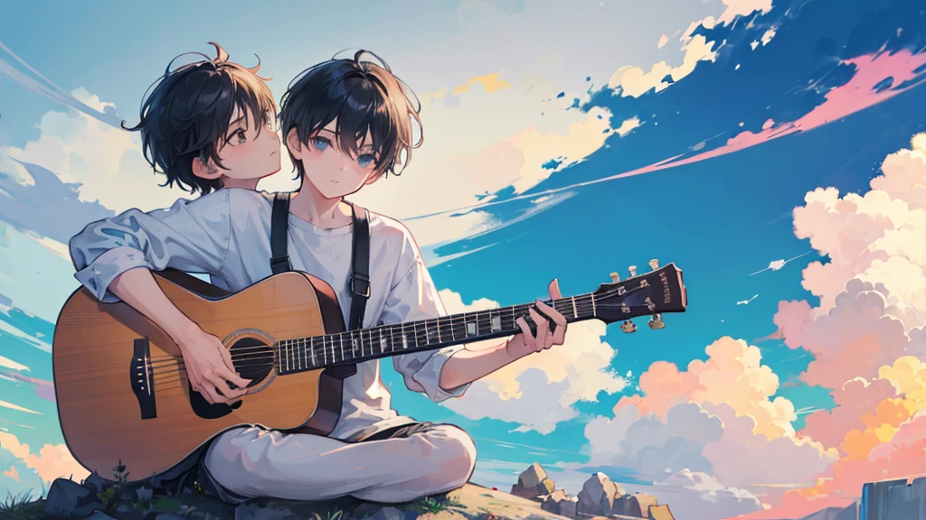 A boy playing the guitar while beautiful clouds are seen in the distance while the boy is sitting on a rock while playing the guitar in a thoughtful manner, comic art style, Masterpiece, camera focus from behind, detailed, medium light reflection, HD, no deformity, detailed