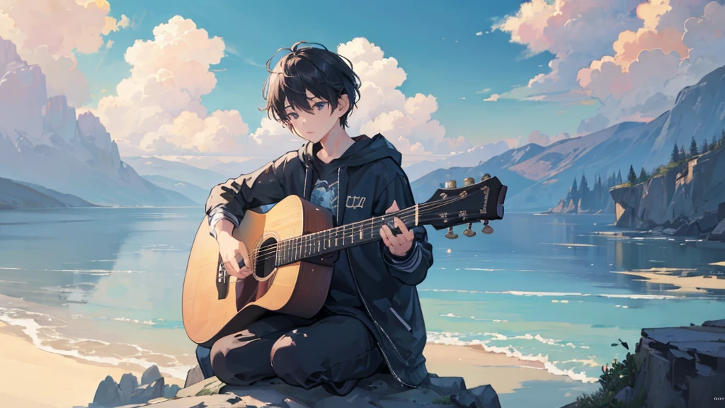 A boy playing the guitar while beautiful clouds are seen in the distance while the boy is sitting on a rock while playing the guitar in a thoughtful manner, comic art style, Masterpiece, camera focus from behind, detailed, medium light reflection, HD, no deformity, detailed