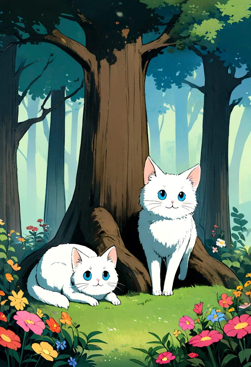 A soft and cute white cat named Milk, drawn in the style of Studio Ghibli. The cat has fluffy fur, big round eyes, and a gentle smile. The background is a serene, enchanting forest with tall, ancient trees, lush green grass, and vibrant, colorful flowers. The scene is filled with a warm, magical atmosphere, similar to the whimsical and detailed backgrounds seen in Studio Ghibli films.
