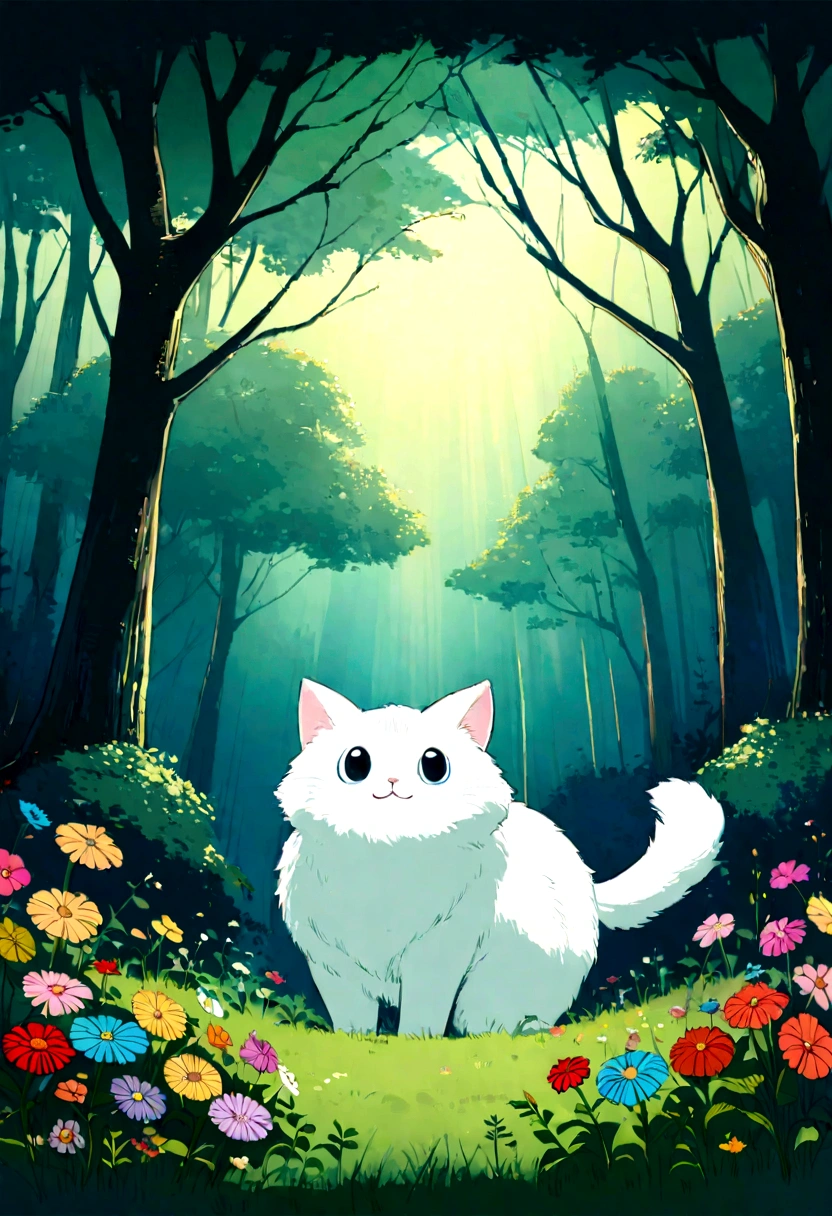 A soft and cute white cat named Milk, drawn in the style of Studio Ghibli. The cat has fluffy fur, big round eyes, and a gentle smile. The background is a serene, enchanting forest with tall, ancient trees, lush green grass, and vibrant, colorful flowers. The scene is filled with a warm, magical atmosphere, similar to the whimsical and detailed backgrounds seen in Studio Ghibli films.