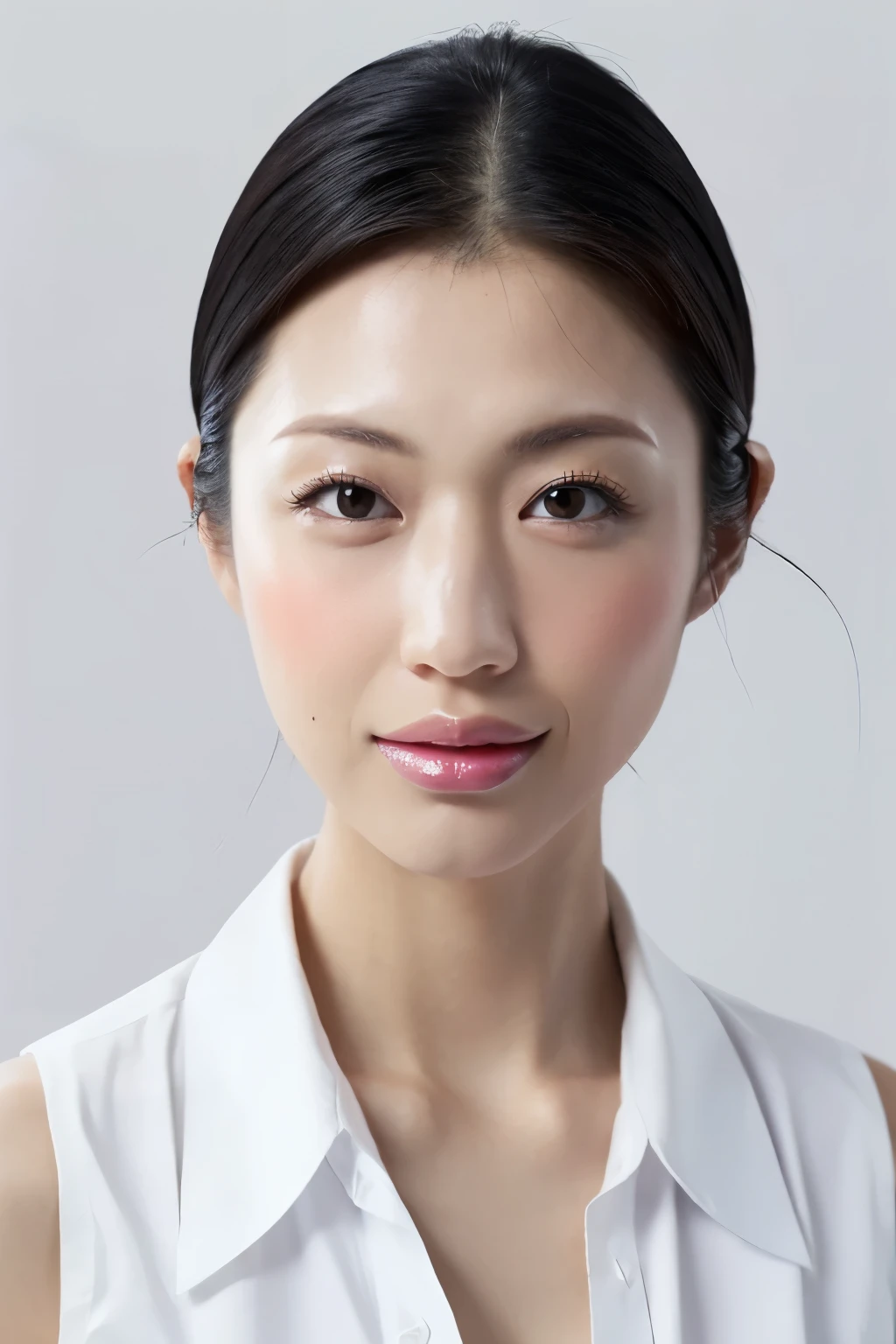 (Highest quality、Tabletop、8K、Best image quality、Award-winning works)、One beautiful mature woman、(Bright white skin:1.3)、(Perfect white polyester sleeveless open shirt:1.5)、(The perfect sleeveless open collar shirt:1.2)、(Button-up shirt:1.4)、(Very bright:1.3)、Bright and shiny shirt、(Leaning against the simplest white wall:1.4)、Beautiful clavicle、(Cleavage:1.3)、Perfect Makeup、Lustrous and bright lips、Accurate anatomy、Ultra-high definition beauty face、Ultra HD Hair、Super high quality sparkling eyes、(Ultra-high resolution glossy skin:1.1)、Super high quality glossy lip、Look straight ahead