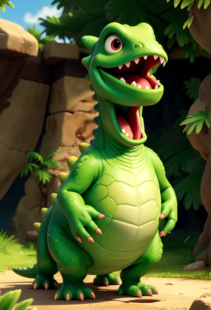 green dinosaur with open mouth