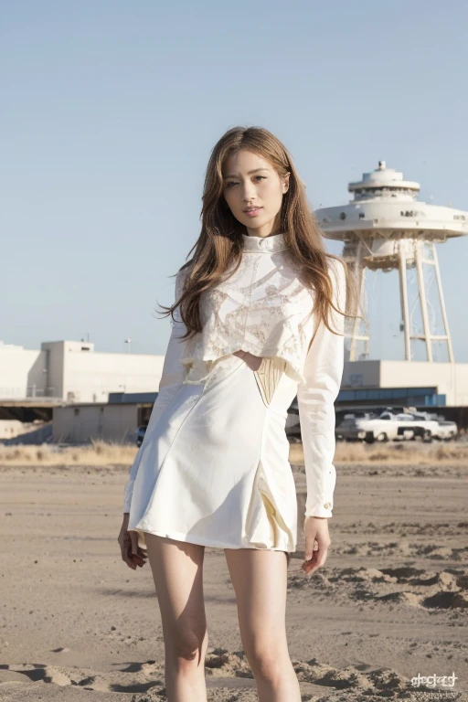 high resolution, best quality, Original Photography, Super Detail, (Delicate face), (Delicate eyes) ,blonde,At the launch site of the spacecraft, Huge rockets,Huge spaceship,Long-range shooting,Two people standing,Korean female star,fashion model,trial,intricate spacesuit,Glamorous_Full set of clothing, flow_skirt, Long legs,elegant_Jewelry, complex_decorate, spaceship in background,Huge drone in the sky