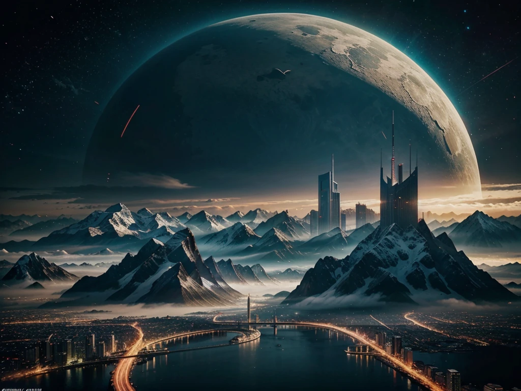 futuristic city, fantasy, 23rd century, mountains