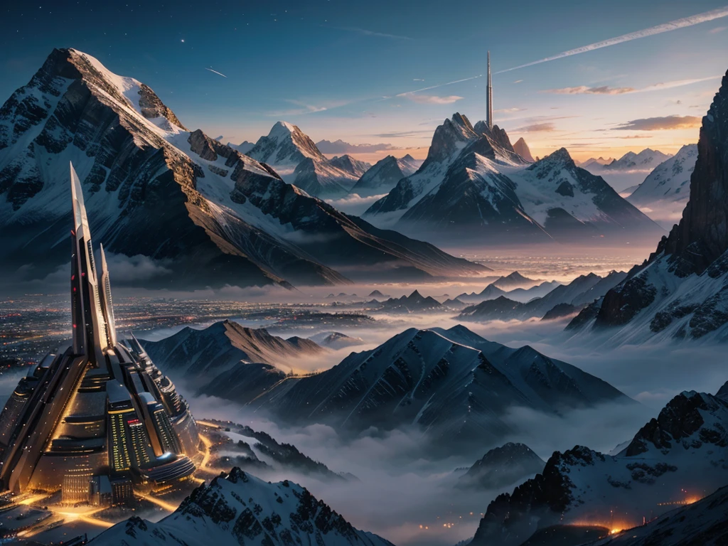 futuristic city, fantasy, 23rd century, mountains