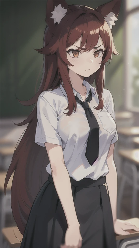 1girl ,20s,mature female,angry face,white shirt,short sleeves,(black standard tie),black school skirt,red hair,long hair,fox ears,(classroom),cowboy shot