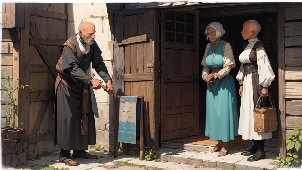 old bald slave and old lady in medieval slavery