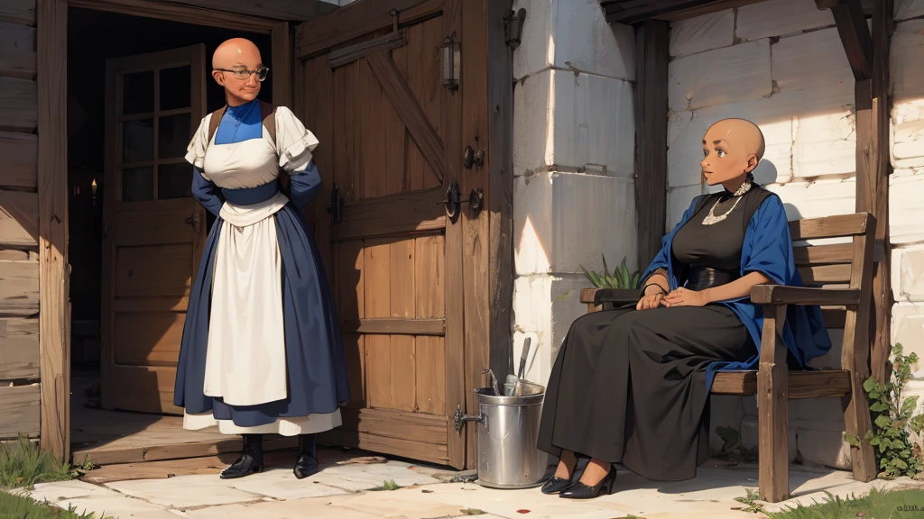 old bald slave and old lady in medieval slavery