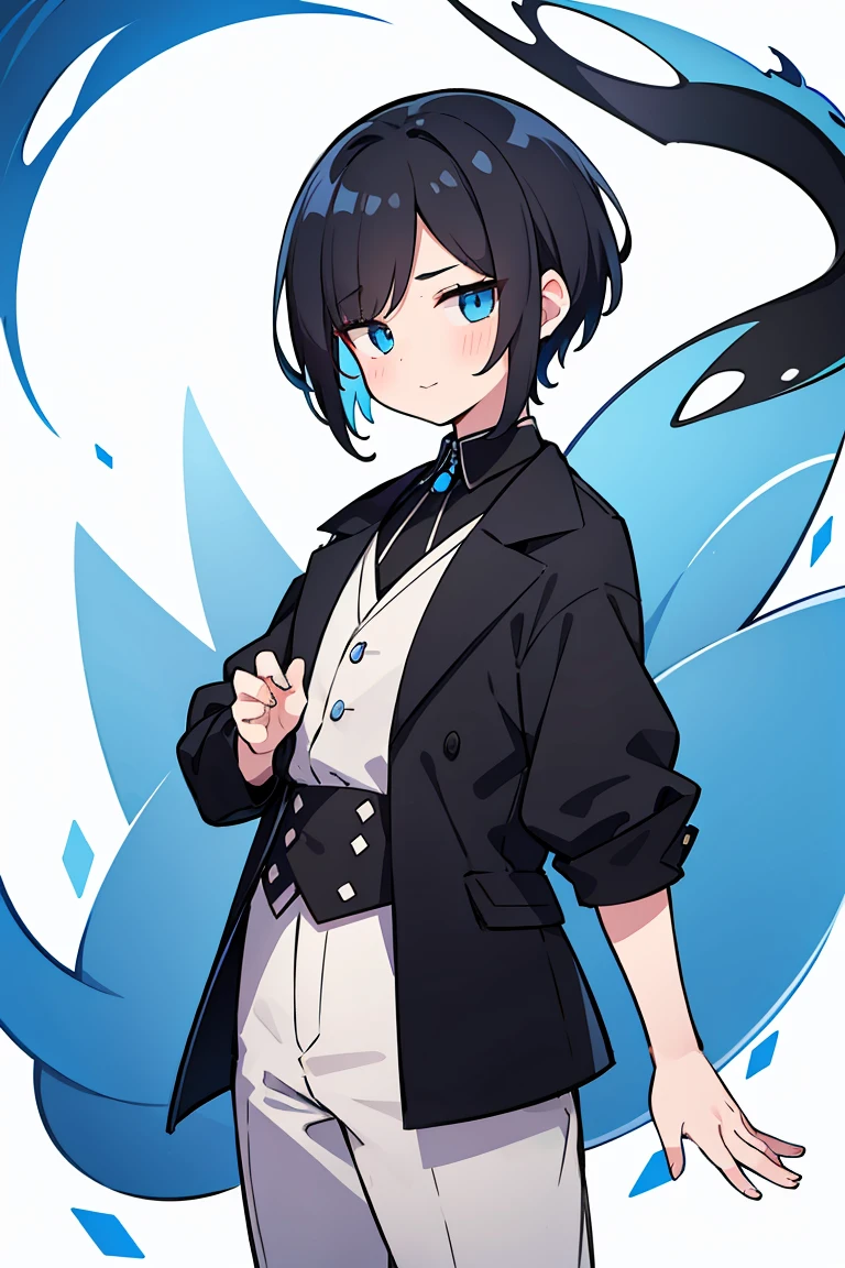 1 A boy dressed in white，male people，Cheerful and lively，Welcoming and lovely，Charming, Handsome，fashion hair，short detailed hair，Playful expression，Side face avatar，Black color hair，vivid background，blue eyes. (solo)
