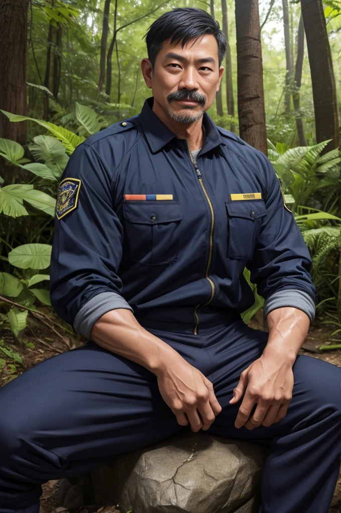 Authentic style，A strong security guard lost in the forest，坐在Stone上，Creek边，outdoor，Sitting，40 year old asian man，Looking at the camera，Legs open，Place your hands behind your body，Moustache，Short beard，（Security suits），Security suits开襟，A kind expression，Kind uncle，A polite greeting，Black short hair，Very short hair，Brown skin，Wet clothes，Muscles fill up clothes，Strong muscles visible through clothes，Huge body，Strong body，Mermaid Line，Trousers，Pants are damaged，(There&#39;s a giant oyster mushroom in my pants)，Leg hair，Thick body hair，Black body hair，Leg hair，sandals，toe，full-body shot，Real person photos，Correct anatomical shape of the limbs，Full body shot，Fine skin texture，Stone，Creek，Soft Light，Low contrast images，Highest quality，4k quality，