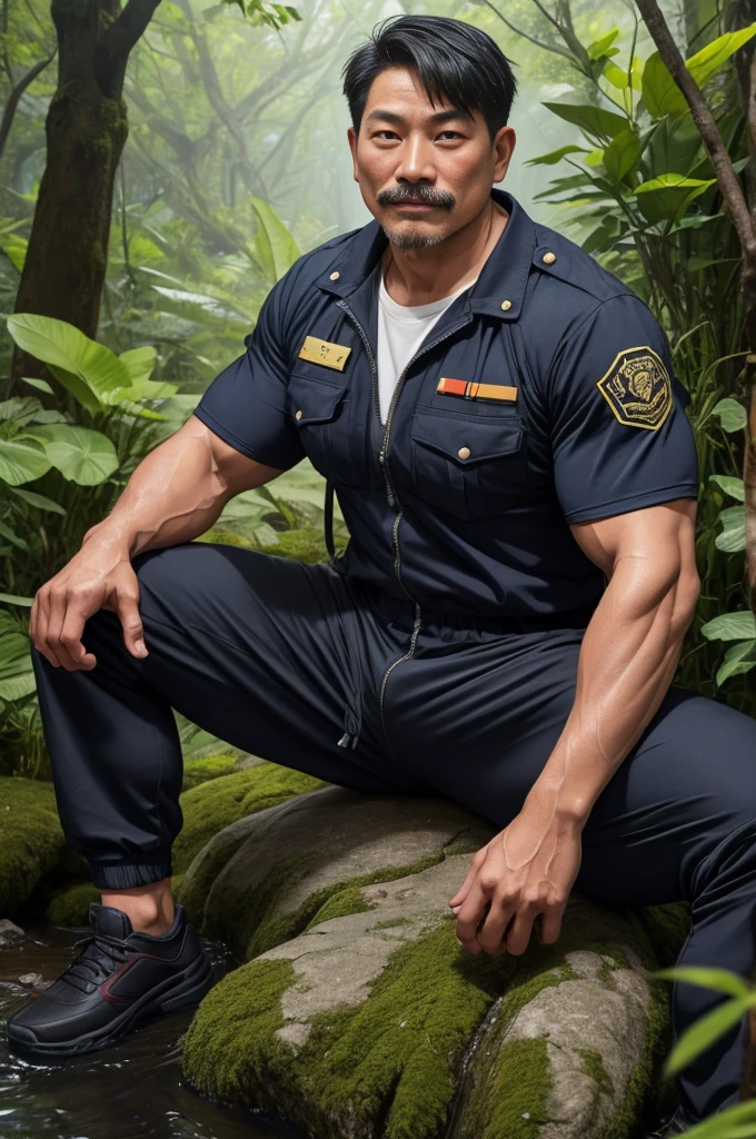 Authentic style，A strong security guard lost in the forest，坐在Stone上，Creek边，outdoor，Sitting，40 year old asian man，Looking at the camera，Legs open，Place your hands behind your body，Moustache，Short beard，（Security suits），Security suits开襟，A kind expression，Kind uncle，A polite greeting，Black short hair，Very short hair，Brown skin，Wet clothes，Muscles fill up clothes，Strong muscles visible through clothes，Huge body，Strong body，Mermaid Line，Trousers，Pants are damaged，(There&#39;s a giant oyster mushroom in my pants)，Leg hair，Thick body hair，Black body hair，Leg hair，sandals，toe，full-body shot，Real person photos，Correct anatomical shape of the limbs，Full body shot，Fine skin texture，Stone，Creek，Soft Light，Low contrast images，Highest quality，4k quality，