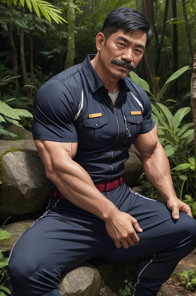 Authentic style，A strong security guard lost in the forest，坐在Stone上，Creek边，outdoor，Sitting，40 year old asian man，Looking at the camera，Legs open，Place your hands behind your body，Moustache，Short beard，（Security suits），Security suits开襟，A kind expression，Kind uncle，A polite greeting，Black short hair，Very short hair，Brown skin，Wet clothes，Muscles fill up clothes，Strong muscles visible through clothes，Huge body，Strong body，Mermaid Line，Trousers，Pants are damaged，(There&#39;s a giant oyster mushroom in my pants)，Leg hair，Thick body hair，Black body hair，Leg hair，sandals，toe，full-body shot，Real person photos，Correct anatomical shape of the limbs，Full body shot，Fine skin texture，Stone，Creek，Soft Light，Low contrast images，Highest quality，4k quality，