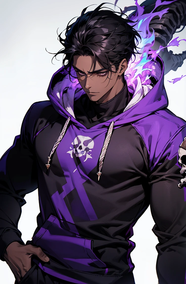 male with bones, looking away from camera, skulls, bones, handsome, black, dark skin, tall, broad shoulders, black hair, purple, purple fire, magic, detailed face, fantasy, hoodie