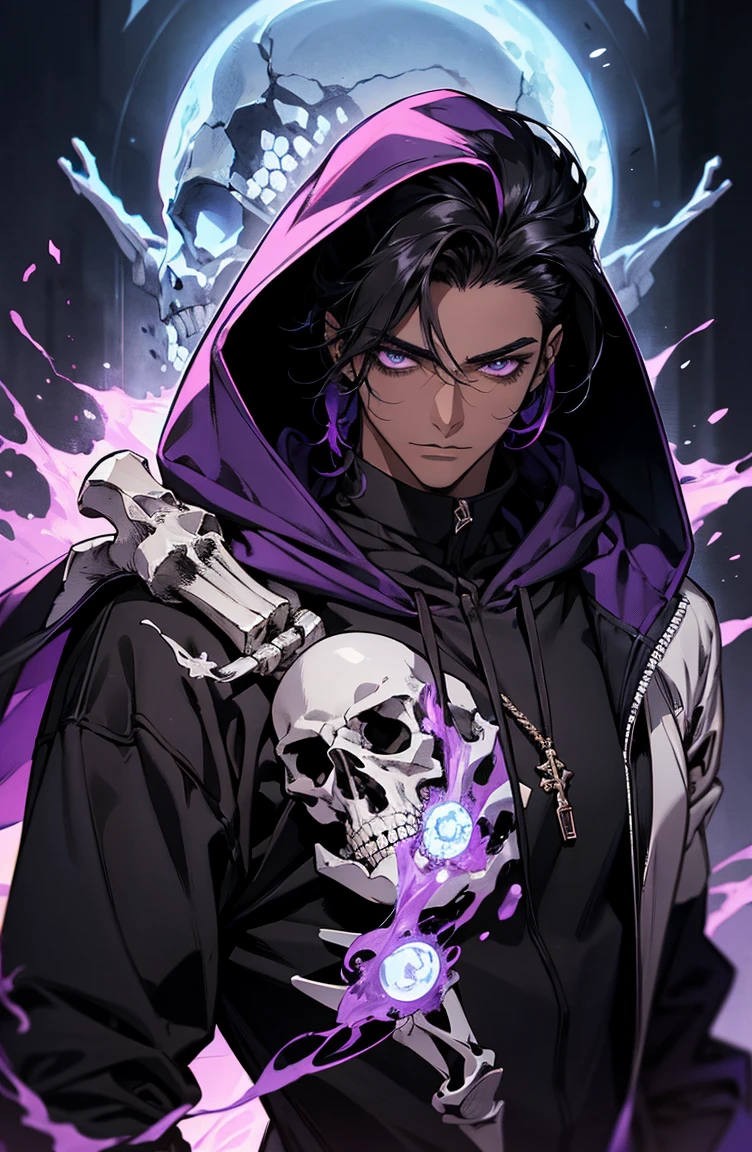 male with bones, looking away from camera, skulls, bones, handsome, black, dark skin, tall, broad shoulders, black hair, purple, purple fire, magic, detailed face, fantasy, hoodie