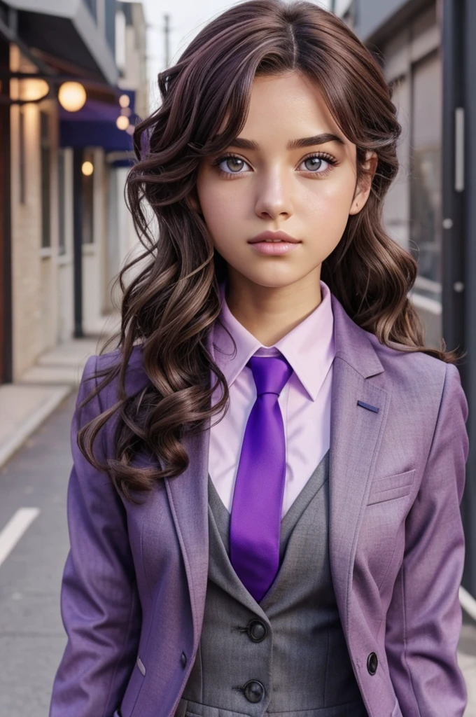 Screenshot of boku no hero academia beautiful girl curly brown hair and violet highlights, light violet eyes and gray jacket with red tie