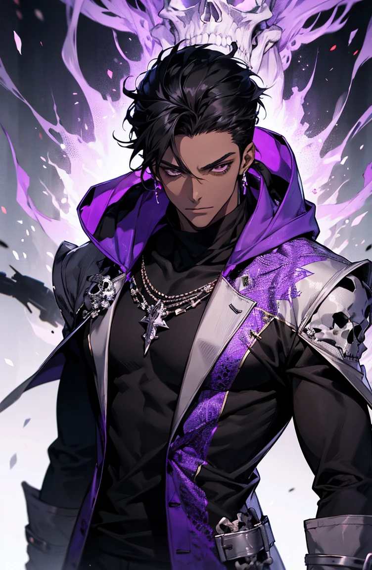 male with bones, looking away from camera, skulls, bones, handsome, black, dark skin, tall, broad shoulders, black hair, purple, purple fire, magic, detailed face, fantasy, hoodie