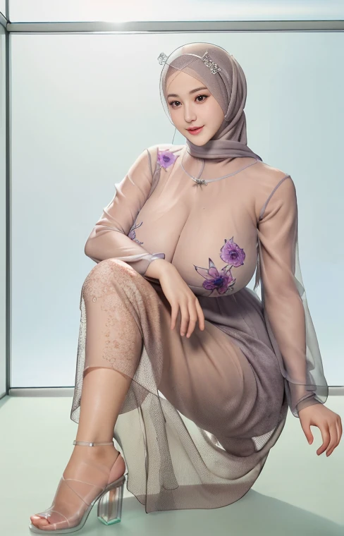 (RAW photo:1.2), (photorealistic:1.4),(masterpiece:1.3),(best quality:1.4),ultra high res,(detailed eyes),(detailed facial features),(detailed clothes features),HDR,8k resolution, skin tight, (((high detailed skin,visible pores))), dreamlike, (ulzzang-6500-v1.1:0.5),pureerosface_v1:0.2, face close-up, 1 girl,tall, 30 yo, gigantic breast, wearing tight close pastel floral silk malay gamis ((see through transparent with hijab)), full body, smile, Reisa brotoasmoro, wearing high heels, full body shot camera