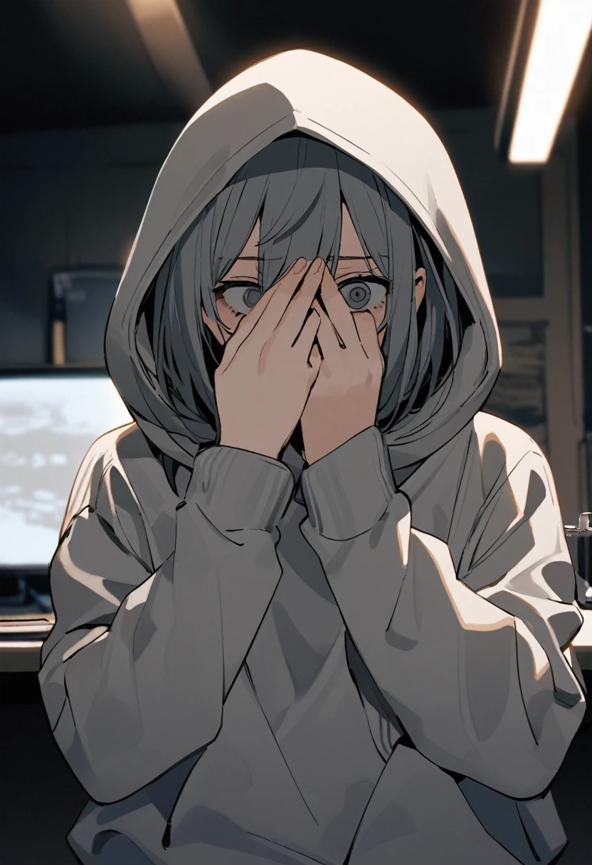 A 16-year-old boy in a gray sweatshirt and dark circles, The hood of the sweatshirt covers part of her face, making her mysterious.