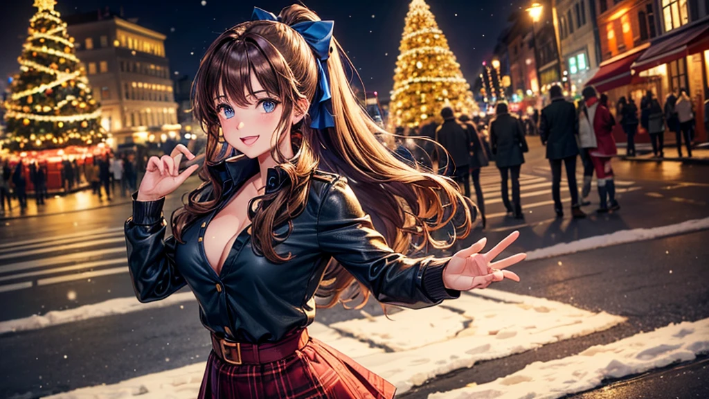 1girl, solo, christmas, ((christmas tree)), street, night, lights, snow, long hair, brown hair, curly hair, ponytail, large full breasts, ((brown leather jacket)), button down shirt, dark blue eyes, ((blue shirt)), ((unbuttoned shirt)), ((long skirt)), smile, ((unbuttoned shirt)), unbuttoning buttons, cleavage 1:3, looking at the viewer, standing, hair ribbon, golden necklate 