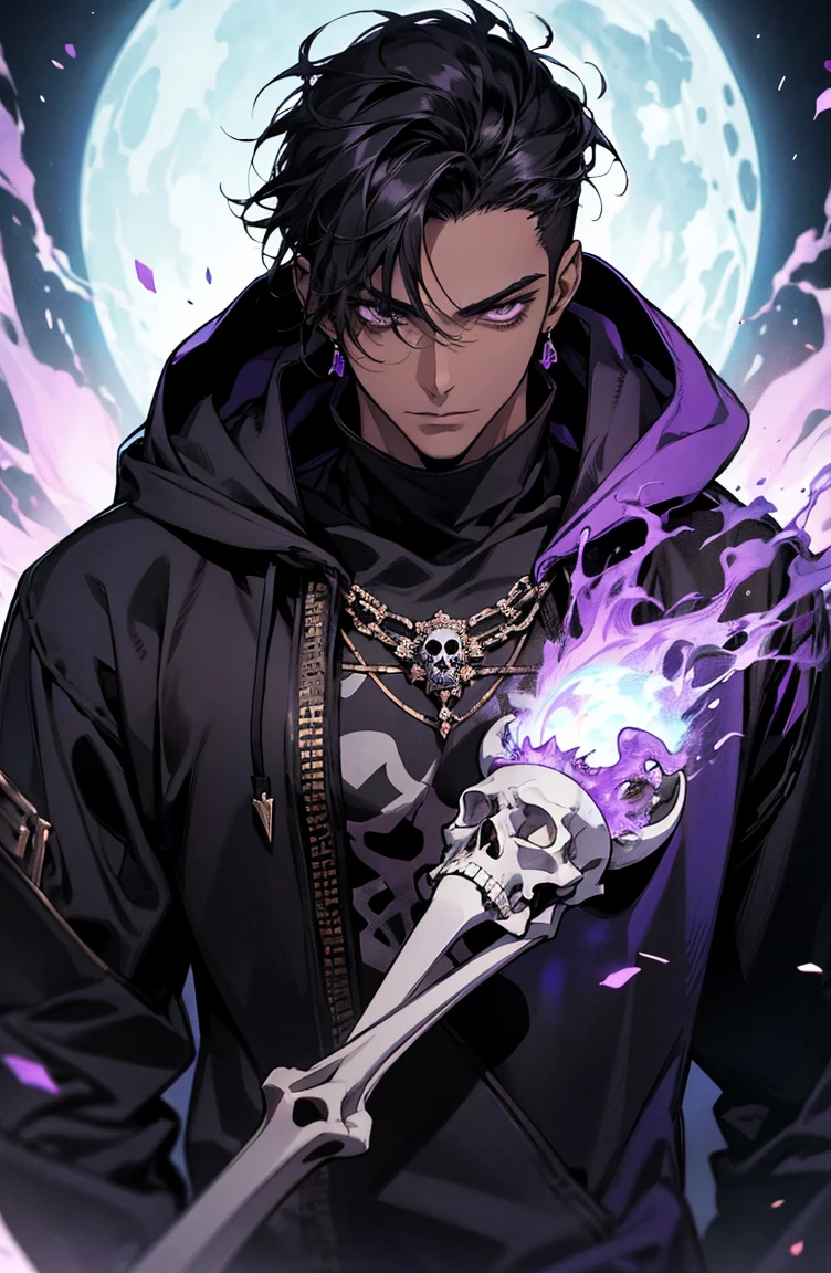male with bones, looking away from camera, skulls, bones, handsome, black, dark skin, tall, broad shoulders, black hair, purple, purple fire, magic, detailed face, fantasy, hoodie