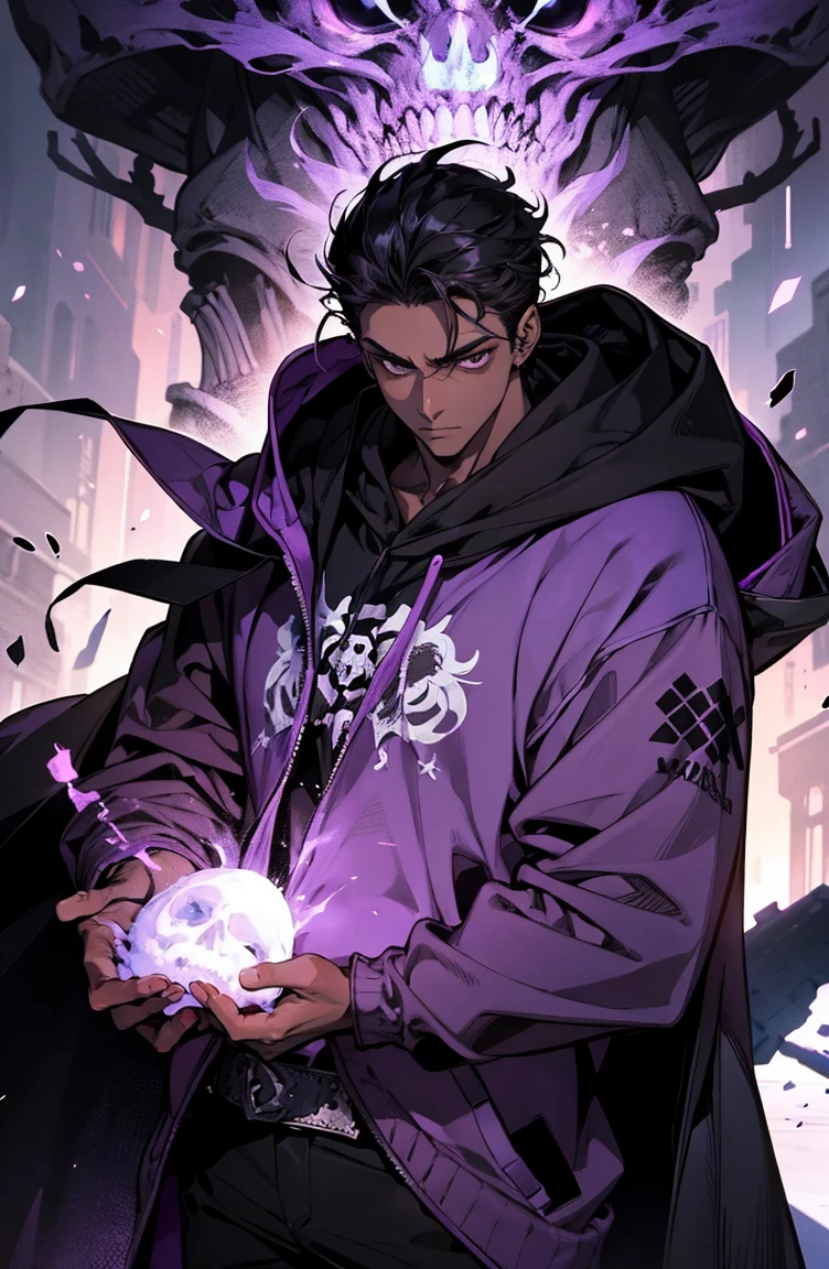 male with bones, looking away from camera, skulls, bones, handsome, black, dark skin, tall, broad shoulders, black hair, purple, purple fire, magic, detailed face, fantasy, hoodie
