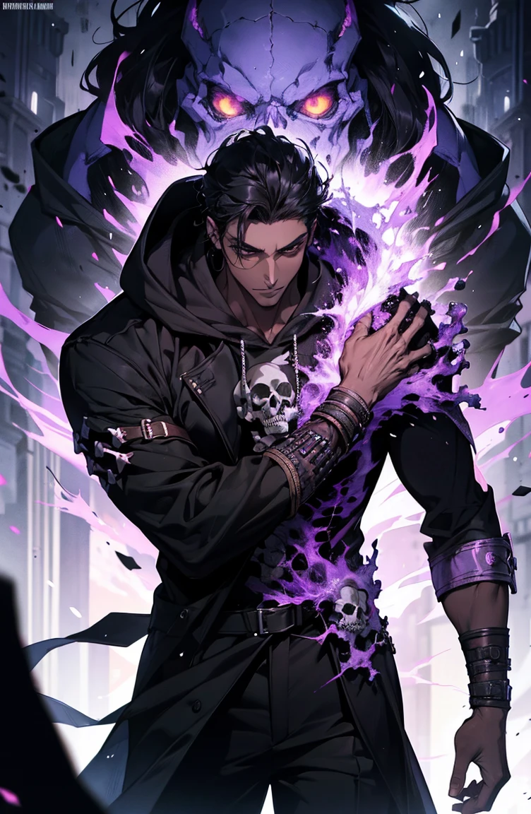 male with bones, looking away from camera, skulls, bones, handsome, black, dark skin, tall, broad shoulders, black hair, purple, purple fire, magic, detailed face, fantasy, hoodie
