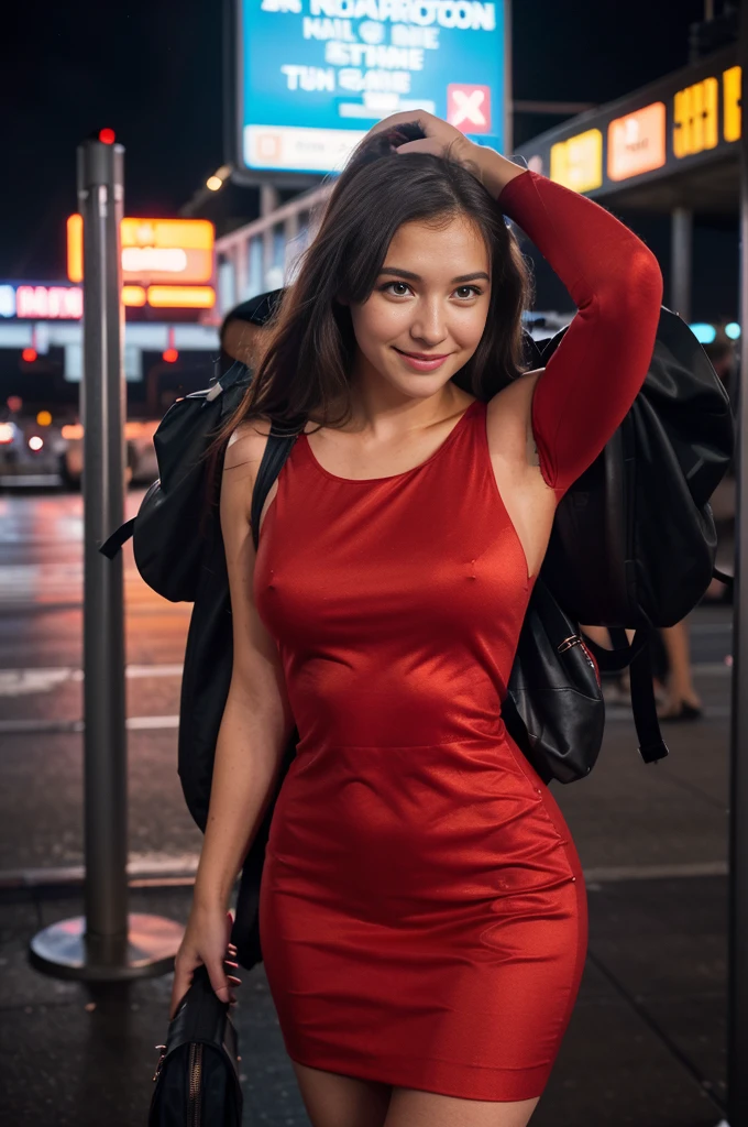 a girl wearing red Bodycon Dress,looks happy,night time,new york airport,only a backpack,clear hands,hdr,photography,fassion,hyper realistic