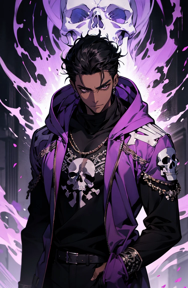male with bones, looking away from camera, skulls, bones, handsome, black, dark skin, tall, broad shoulders, black hair, purple, purple fire, magic, detailed face, fantasy, hoodie