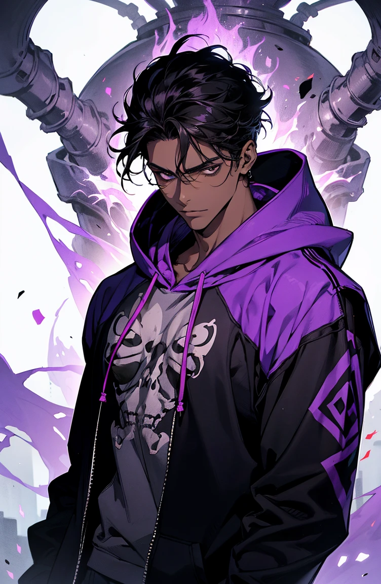 male with bones, looking away from camera, skulls, bones, handsome, black, dark skin, tall, broad shoulders, black hair, purple, purple fire, magic, detailed face, fantasy, hoodie
