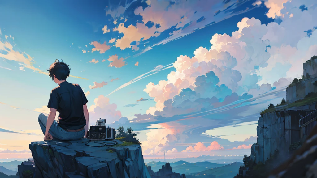 A boy playing the guitar while beautiful clouds are seen in the distance while the boy is sitting on a rock while playing the guitar in a thoughtful manner, comic art style, Masterpiece, camera focus from behind, detailed, medium light reflection, HD, no deformity, detailed, focus on landscape