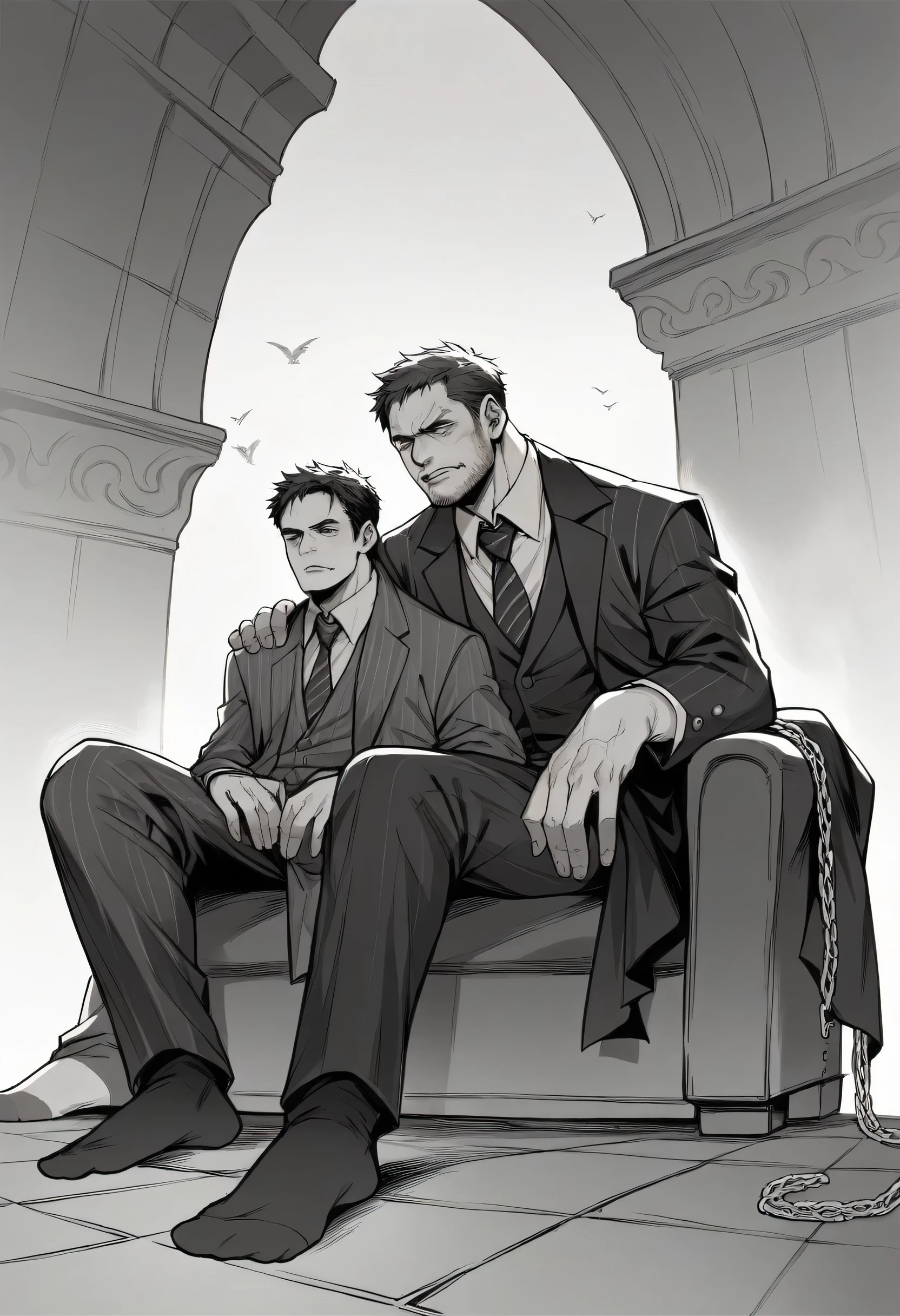 45-year-old middle-aged Chris Redfield from Resident Evil 8,Man,grampa,Height 195,chineseidol,sitting in the couch,God perspective,The eyes are about to face each other,musculature,Lift one foot,Wearing a black and white striped suit,black greatcoat,No shoes,Cord,Chains,Ferocious and ferocious,The background is outdoors,Hold your hands on your knees, black suit socks