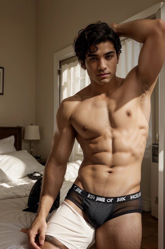 Make me a man in his 20s of Arab origin with short curly hair in boxer briefs