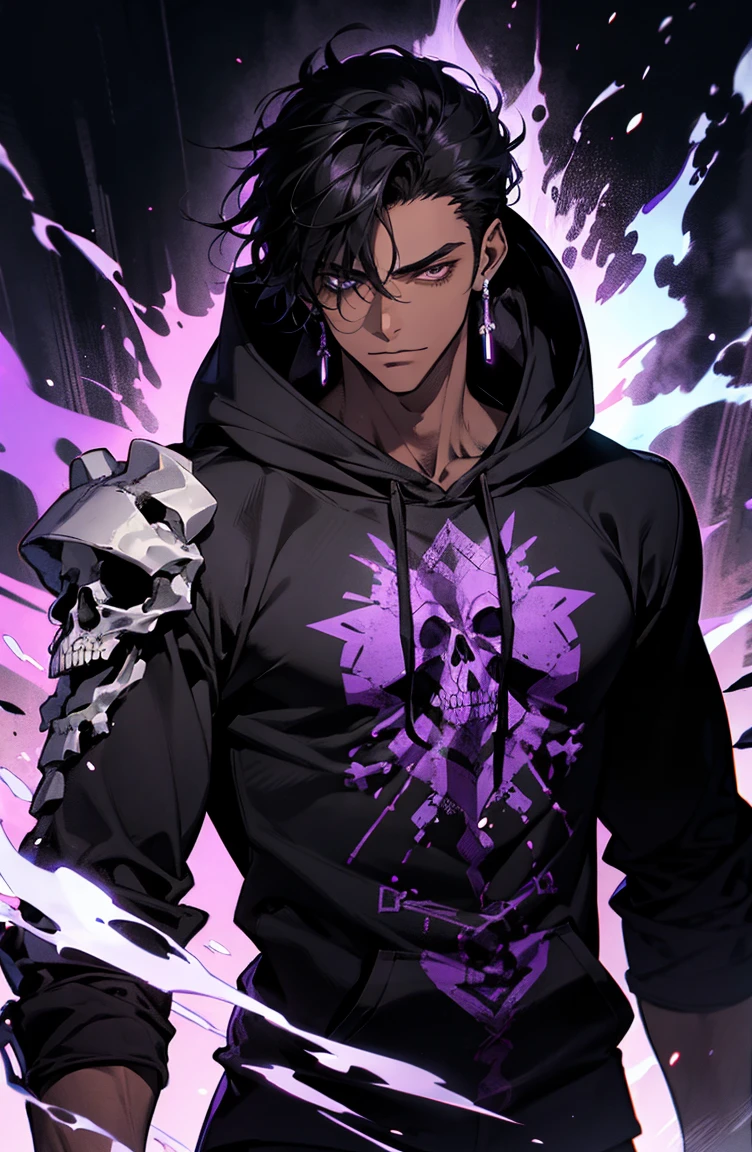 male with bones, looking away from camera, skulls, bones, handsome, black, dark skin, tall, broad shoulders, black hair, purple, purple fire, magic, detailed face, fantasy, hoodie