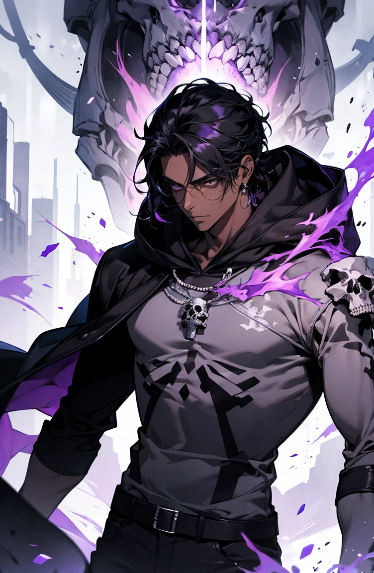 male with bones, looking away from camera, skulls, bones, handsome, black, dark skin, tall, broad shoulders, black hair, purple, purple fire, magic, detailed face, fantasy, hoodie