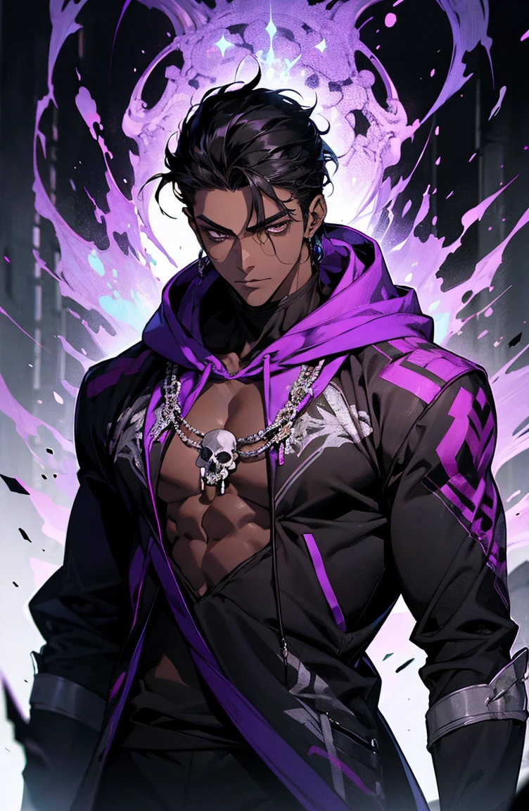 male with bones, looking away from camera, skulls, bones, handsome, black, dark skin, tall, broad shoulders, black hair, purple, purple fire, magic, detailed face, fantasy, hoodie
