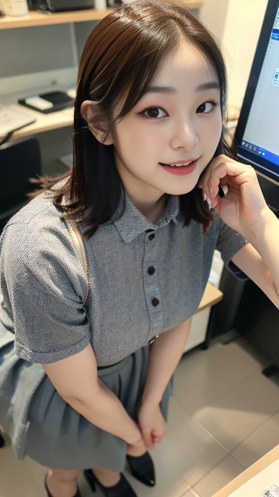 ((top-quality、​masterpiece、photographrealistic:1.4、in 8K))、Beautuful Women１a person、25years old、beautiful hairl、delicate and beautiful face、Eyes and faces with detailed 、(Modern workplace with computer:1.2)、(Shirt:1.2)、(standing:1.2)、A smile、Beautiful lighting、Textured skin、Super Detail、high detailing、High quality、hight resolution、（looking at the viewers）、Detailed mouth、Opening Mouth、full body Esbian、tight skirts、Women at work、Fishnet Stockings、Coffee、window、Women who can work、high-heels, short hair 