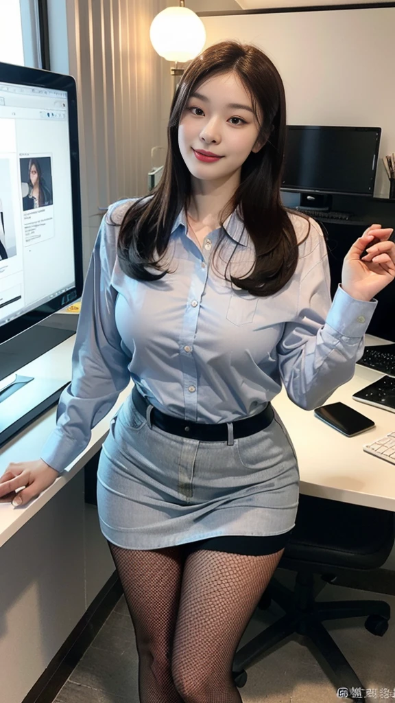 ((top-quality、​masterpiece、photographrealistic:1.4、in 8K))、Beautuful Women１a person、25years old、beautiful hairl、delicate and beautiful face、Eyes and faces with detailed 、(Modern workplace with computer:1.2)、(Shirt:1.2)、(standing:1.2)、A smile、Beautiful lighting、Textured skin、Super Detail、high detailing、High quality、hight resolution、（looking at the viewers）、Detailed mouth、Opening Mouth、full body Esbian、tight skirts、Women at work、Fishnet Stockings、Coffee、window、Women who can work、high-heels, short hair 