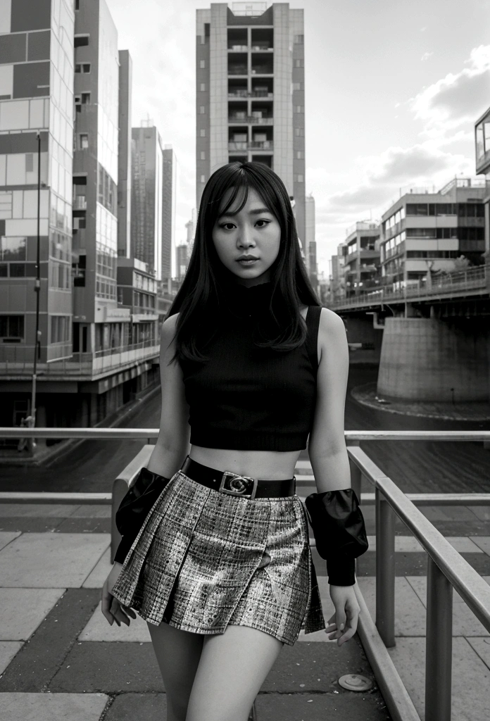 A captivating surreal image, captured from a hip-level perspective, showcases a playful Asian girl dressed in the latest Chanel fashion. She dons a vibrant mini-skirt composed of colorful square patterns, creating a whimsical yet sophisticated look. The background artfully blends urban and nature elements, with towering buildings and lush greenery intertwining both worlds. A modern bridge connects these contrasting realms, while a monochrome cityscape in the distance adds depth. The overall composition masterfully highlights the girl's distinctive style and her harmonious connection with her dreamlike urban surroundings.