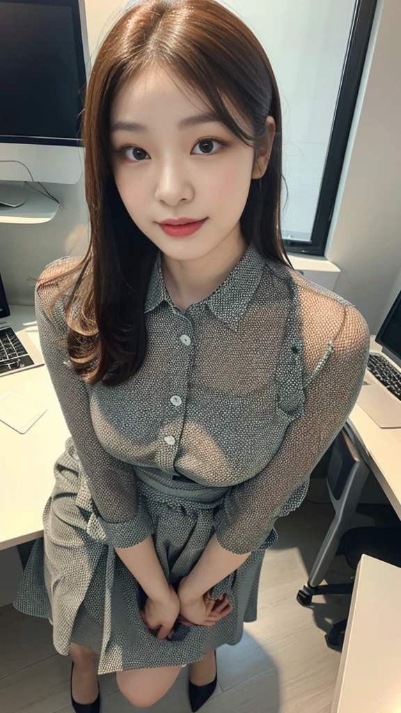 ((top-quality、​masterpiece、photographrealistic:1.4、in 8K))、Beautuful Women１a person、25years old、beautiful hairl、delicate and beautiful face、Eyes and faces with detailed 、(Modern workplace with computer:1.2)、(Shirt:1.2)、(standing:1.2)、A smile、Beautiful lighting、Textured skin、Super Detail、high detailing、High quality、hight resolution、（looking at the viewers）、Detailed mouth、Opening Mouth、full body Esbian、tight skirts、Women at work、Fishnet Stockings、Coffee、window、Women who can work、high-heels, short hair 