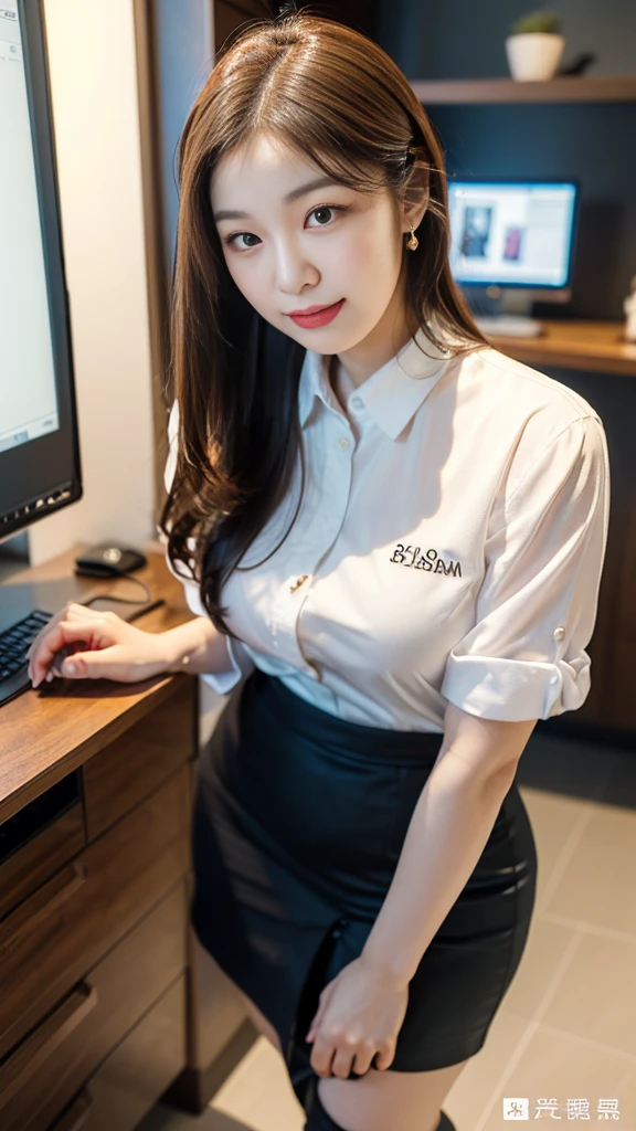((top-quality、​masterpiece、photographrealistic:1.4、in 8K))、Beautuful Women１a person、25years old、beautiful hairl、delicate and beautiful face、Eyes and faces with detailed 、(Modern workplace with computer:1.2)、(Shirt:1.2)、(standing:1.2)、A smile、Beautiful lighting、Textured skin、Super Detail、high detailing、High quality、hight resolution、（looking at the viewers）、Detailed mouth、Opening Mouth、full body Esbian、tight skirts、Women at work、Fishnet Stockings、Coffee、window、Women who can work、high-heels, short hair 